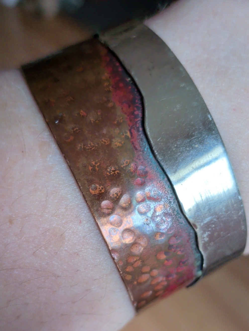Native American Style Artisan Mixed Metal Cuff, Hammered Copper &Silver Overlay